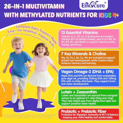 Image of Kids Multivitamin Gummies + Iron, Kids Focus Gummies with Omega-3, Brain Attention Supplements, Memory, Vision, w / Lutein, Methylated Folate & B12, Probiotics, Fiber, Children Vitamins for Growth 2P