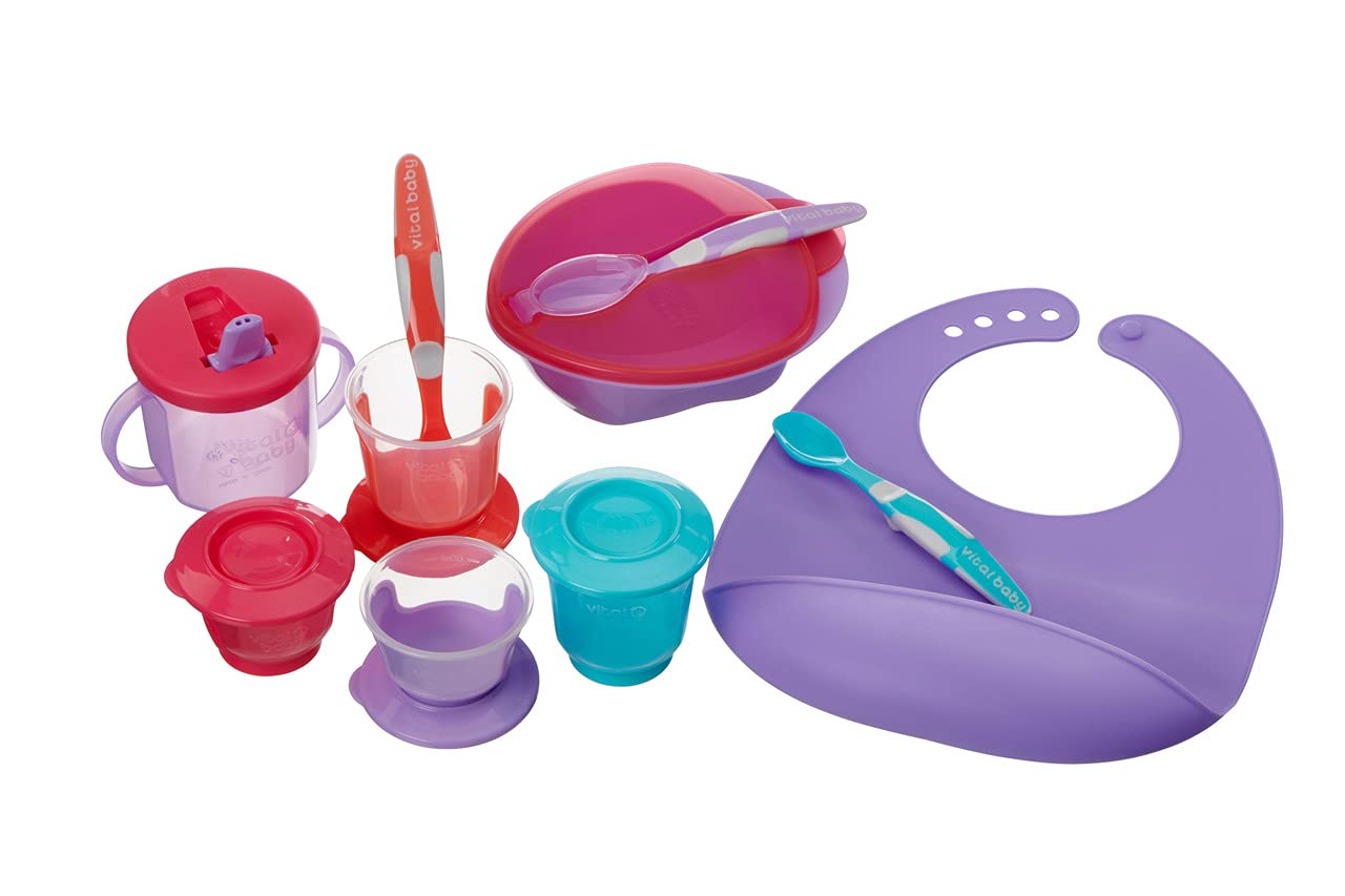 Vital BabyNourish Start weaning kit, Fizz, Scoop Feeding Set, Start weaning Spoons, Store & Wean pots, Silicone bib & Free Flow Cup