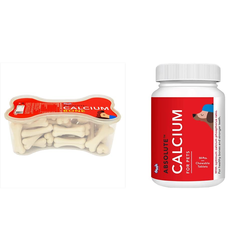Drools Absolute Calcium Bone Jar, Dog Supplement - 40 Pieces (600gm) & Absolute Calcium Tablet- Dog Supplement, 50 Pieces