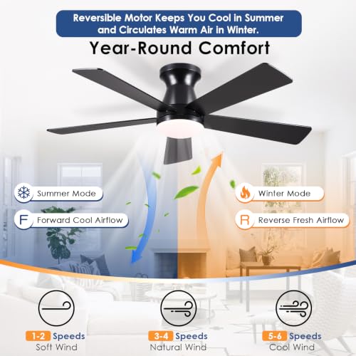 Image of Mpayel 46'' Black Low Profile Ceiling Fan with Light and Remote Flush Mount