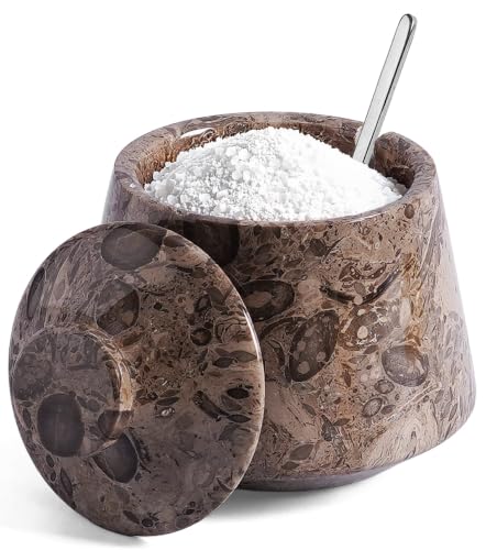 EARTHEN CRAFTS Marble Salt Cellar with Lid & Spoon Oceanic 4" Inch 9.5 oz Stone Salt Holder, Sugar Bowl & Spice Jar for Kitchen Counter