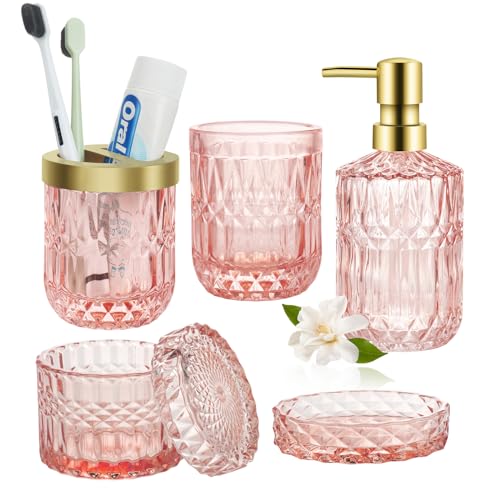 Lot de 5 Accessoires de Salle de Bain en Verre Rose avec Distributeur de Savon, Porte-Savon, Porte-Brosse à Dents, bidon de Cotons-tiges, gobelet, kit de...