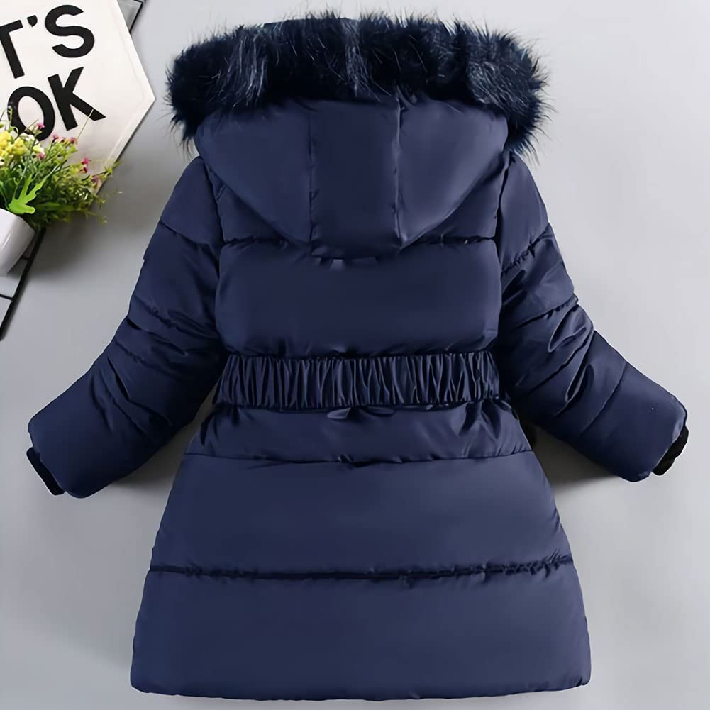 Vêtements Fille Polaire Epaisse Doudoune avec Fourrure Col Capuche Mode Tunique Manteau Enfants Coupe-vent Chauds Veste pour Âge 5-13 Ans