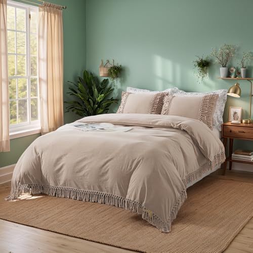 Brandream Boho Bedding Tassel 3Pcs Duvet Cover Fringed Twin 100% Washed Cotton Teen Baby Vintage Elegant Ruffle Comforter Covers Taupe Softta