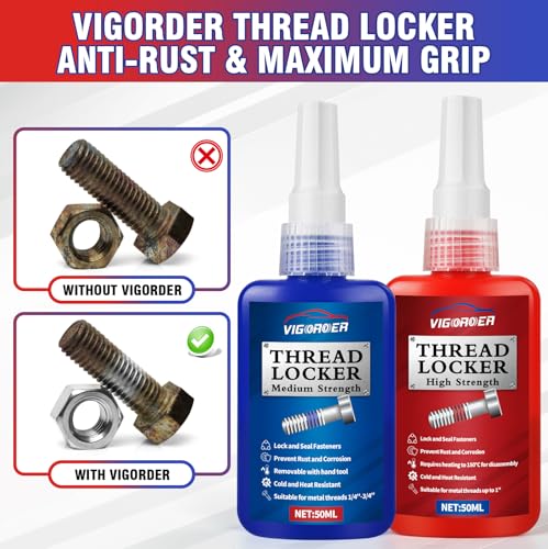 Image of Vigorder Thread Lock Medium and High Strength, Thread Locker for Nuts, Bolts, Fasteners and Metals to Prevent Loosening and Leakage, Blue and Red