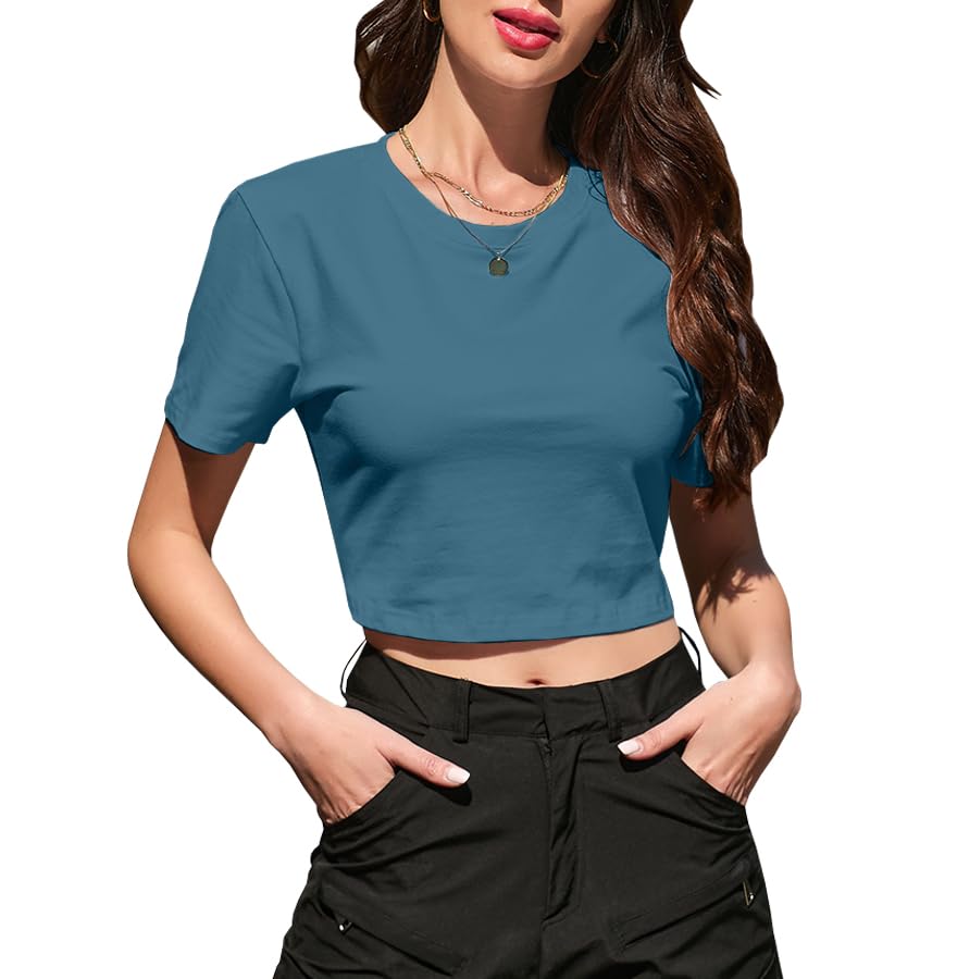Image of Betusline Girls & Women Basic Summer Short Sleeve Slim Fit T-Shirts Soft Crewneck Crop Y2k Tee Cute Gym Fashion Clothes