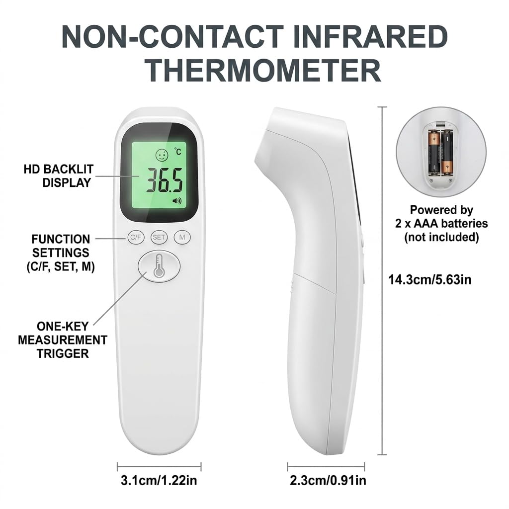 Thermomètre Frontal Sans Contact, Thermomètre Infrarouge Médical Numérique pour Bébé, Enfant et Adulte, Écran LCD Rétroéclairé 3 Couleurs, Lecture Instantanée et Précise, Alarme de Fièvre