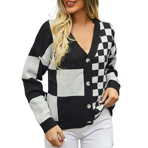 Image of Womens Color Block Plaid Button Down Cardigan Long Sleeve Cable Knit Checkered Sweaters Tops Y2k Aesthetic Clothes