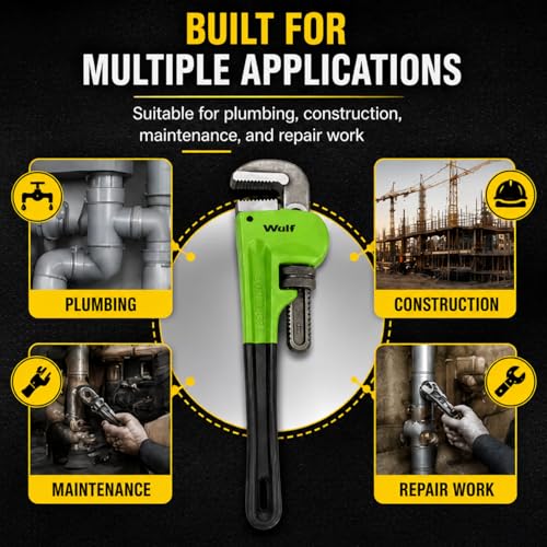 Image of Wulf 18 Inch Heavy Duty Pipe Wrench | Adjustable Chrome Vanadium Steel Plumbing Tool for Construction, Industrial & Professional Use | Strong Grip, Anti-Slip Teeth | Durable Hand Tool
