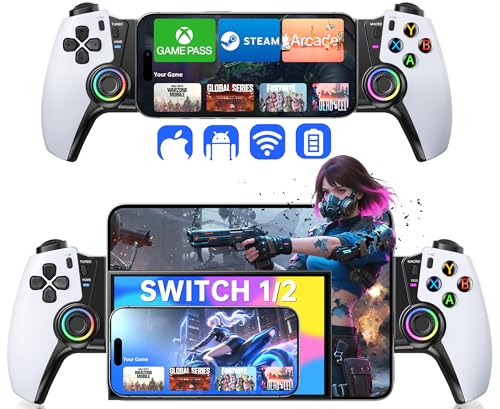 Image of NinjaPlusOX Mobile Gaming Controller for iPhone /Android /Switch 2 /Switch /OLED /iPad Mini, Wireless Phone Controller with Hall Joysticks /Hall Triggers /LED, Support Xbox Cloud, Steam Link, Roblox, White
