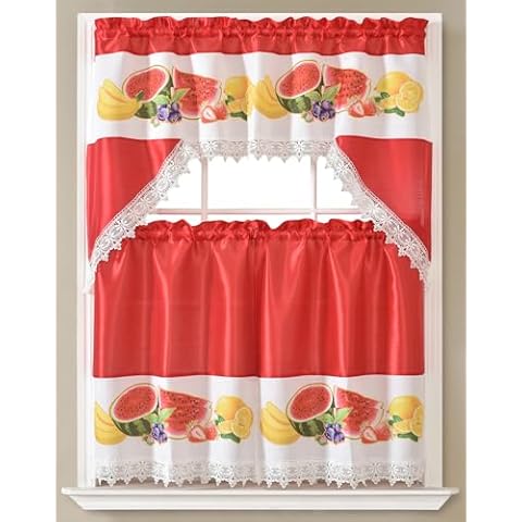 Gentle Home 3pc Kitchen Curtain and Valance Set/1 Swag Valance and 2 Tiers,2 Tiers Width 30"x 36" Each and The Valance Length 60"x36" (Red Fruit) Cover
