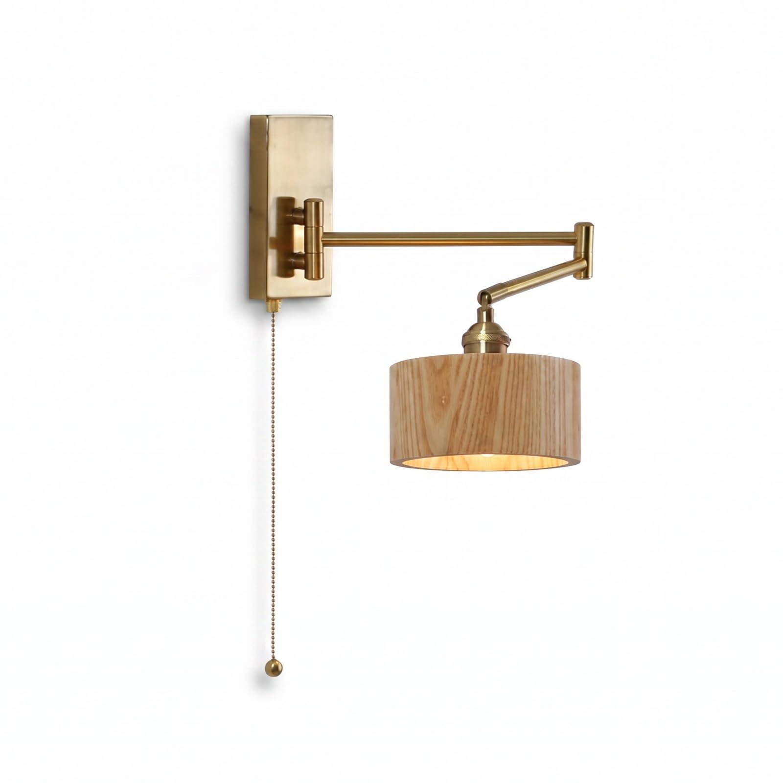 ITOSUI Modern Adjustable Swing Arm Wall Sconce Brass Finish Solid Wood Round Shade E27 Pull Chain Hardwired Fixture for Bedroom Bedside Reading Living Room Hallway Entryway Task Lighting(Wood)