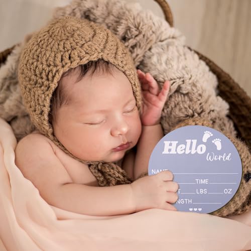 Image of Gosknor Baby Announcement Sign, Wooden Baby Name Sign Blue Birth Announcement Sign Hello World Baby Footprint Newborn Announcement Sign for Babies Nursery Hospital