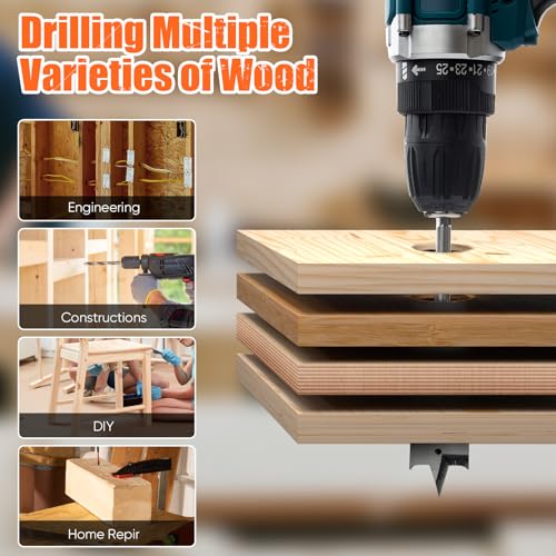 Image of PINOZE 14-Piece Spade Drill Bit Sets with 6 inch Extension, Paddle Flat Bit for Hole Cutter Woodworking, 1 /4 inch to 1-1 /2 inch, Quick Change 1 /4 inch Hex Shank, Nylon Storage Pouch Included