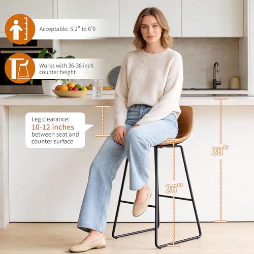 Image of HeuGah Whiskey Brown Bar Stools Set of 3, 26 Inch Counter Height Stools with Back for Kitchen Island, Faux Leather Upholstery, Metal Base