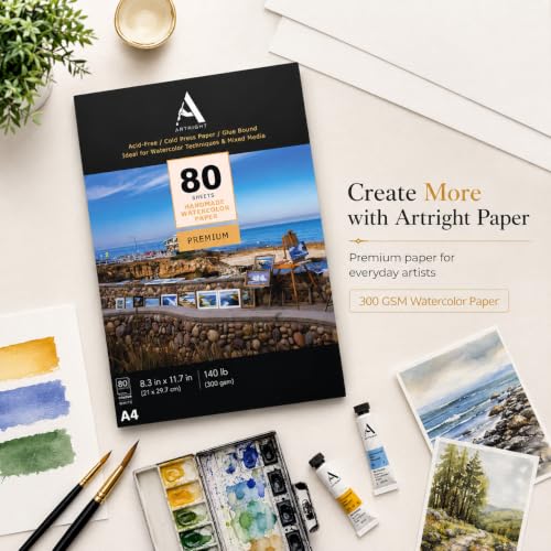Image of ArtRight Artists' Watercolor Paper A4 300 GSM - 80 Sheets of Handmade Rough Grain Water Colour Papers for Watercolour, Acrylic, Gouache, Ink & Mixed Media