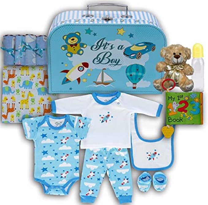 Welcome to The World Baby Boy Suitcase, Baby Layette Set and New Baby Essentials in A Durable Keepsake Suitcase Box, Blue, Medium Baby Boy Gift Set - Nikki’s Gift Baskets
