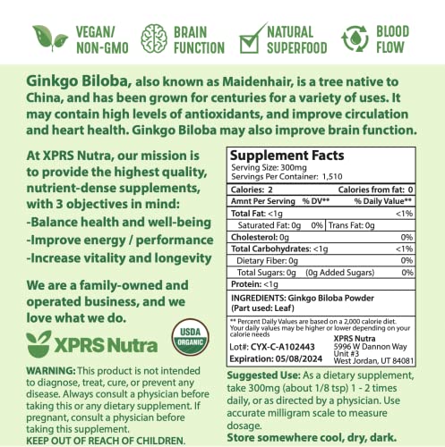 Xprs Nutra Organic Ginkgo Biloba Powder - Gingko Biloba Supplements For Cognition - Vegan Friendly Ginkoba Biloba Organic - Immunity Boosting Ginkgo Biloba Powder (16 Oz) #TOP6