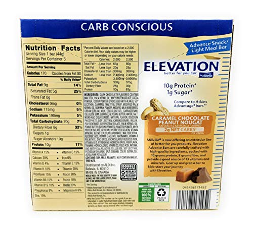 Elevation Caramel Chocolate Peanut Nougat Advance Breakfast Bar 1.6 Ounce x 5 Bars (Total 8 Ounces), Pack of 1