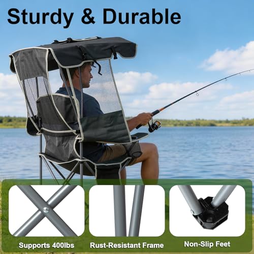 Image of Romswi Large Folding Canopy Camping Chairs for Adult 2 Pack, Portable Outdoor Chairs with Sunshade,Cup Holder & Side Pocket for Camping, Fishing, Beach, Backyard, Black