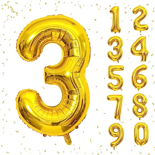 Image of 40 Inch Gold Number Balloons, Helium Mylar Foil Number Balloons for Birthday, Number 3 Balloon for 3st Birthday Decorations for Kids, Anniversary Party Decorations Supplies