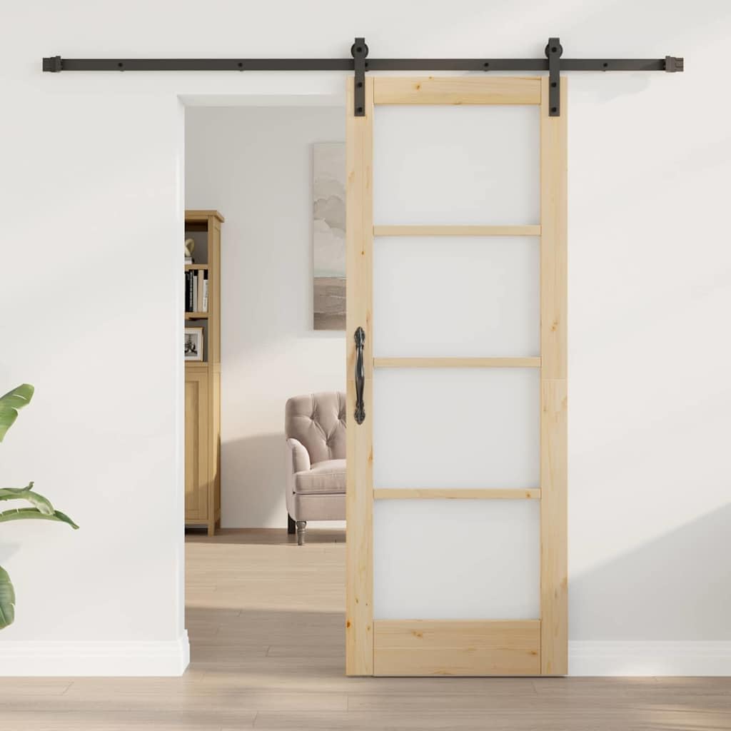Drzwi przesuwne ORKDAL naturalne z litego drewna sosnowego i szkła, 73,5 x 198,5 cm, z cichą technologią przesuwania, do sypialni i salonu, łącznie z szyną i akcesoriami, trwałe i oszczędzające