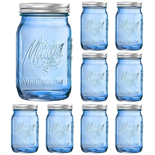 SUT Blue Wide Mouth Mason Jars 32 oz 9 Pack Glass Jars with Airtight lid Canning jars for Preserving Jam Honey Jelly Wedding Favors Sauces Meal Prep Overnight Oats Salad
