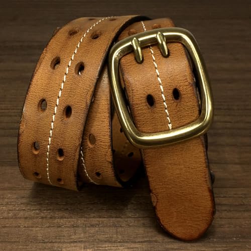 Leather Belt for Men Metal Double Pin Buckle, Adjustable Cowhide Casual Double Row Hole Belt Men,Khaki,115CM/45.3''4