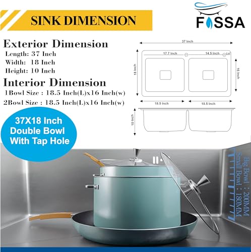 Image of Fossa 37 inchx18 inchx10 inch 5-Year Warranty Premium Stainless Steel Double Bowl Kitchen Sink | Topmount Sink with Tap Hole, Drain Basket, Soap Dispenser & Strainer | Silver (Matte Finish)