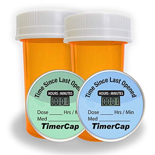 TimerCap Stopwatch Pill Organizer Case for Daily Medicine Planner (2 Pack - 1 Wide Mouth & 1 Standard Size) CRC