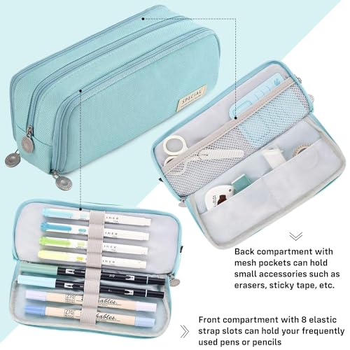 Image of Canvas School Bag Pencil Case, 3 Layer 6 Compartment Large Capacity, Aesthetic Pencil Pouch for Stationary, Cute Stationery for Kids, Pencil Case for Girls & Boys (Special Sky Blue)