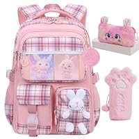 KBGPW Cute Girls Backpack,Rabbit Kids School Backpack with Pencil Case, Elementary School Bag for Girls 5-10 Year Old (Pink-16.5inch)