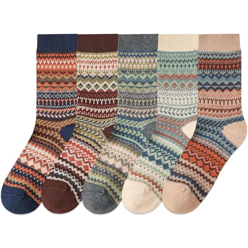 Image of IIG 3-5 Pairs Womens Vintage Cozy Crew Socks Soft Cute Neutral Cotton Socks Exquisite Patterns Socks Gift