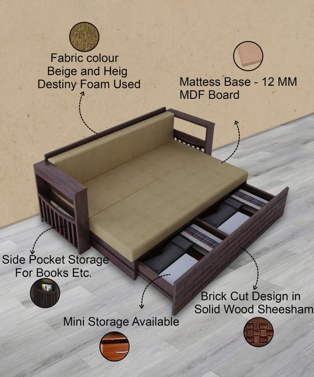 Image of Solid Sheesham Wood Sofa Cum Bed 3 Seater | Wooden Foldable Double Bed for Living Room with Headboard & Storage | Bed Cum Sofa with Mattress for Bedroom Furniture (Walnut Finish)