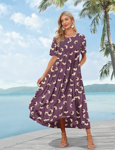 Image of YESNO Women Casual Loose Bohemian Floral Dress with Pockets Short Sleeve Long Maxi Summer Beach Swing Dress EJF