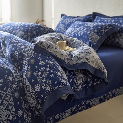 VM VOUGEMARKET Navy Blue Duvet Cover King Bohemian Geometric Duvet Cover Yarn-Dyed Cotton 3 Pieces Jacquard Flower Comforter Cover with Zipper Closure,Navy Blue/White
