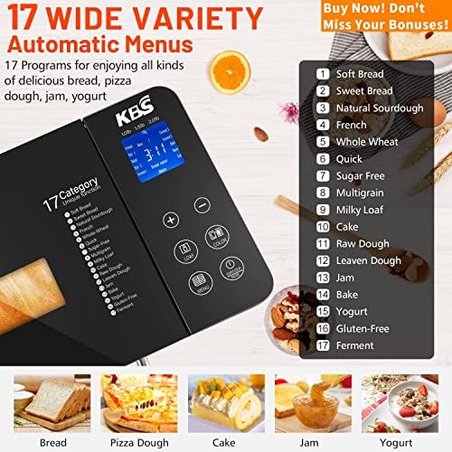 KBS 17-in-1 Bread Maker-Dual Heaters, 710W Bread Machine Stainless Steel with Gluten-Free, Dough Maker,Jam,Yogurt PROG, Auto Nut Dispenser,Ceramic ...