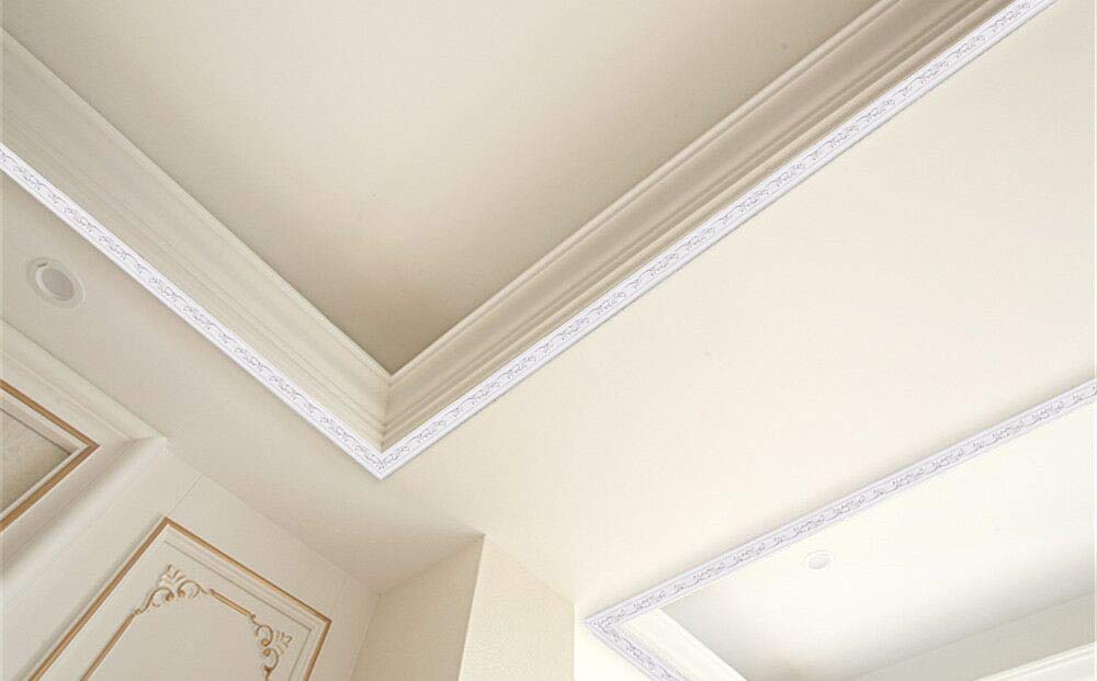 Primst Moldeo flexible de 298 cm, autoadhesivo, 3D resistente al agua, molduras de techo, líneas de pared para decoración del hogar (blanco y plateado)