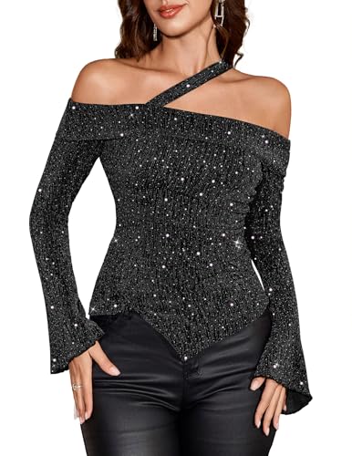 BeryLove Women Sparkly Top Off Shoulder Fitted Shirt Asymmetrical Rhinestone Party Blouse