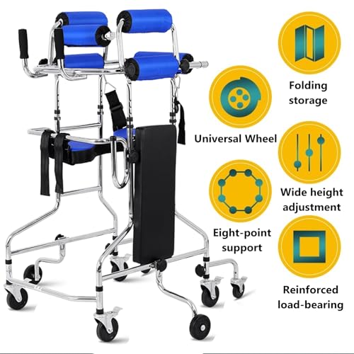 Andador plegable para personas mayores con asiento y frenos, diseño ligero de 8 ruedas para estabilidad, ayuda de rehabilitación multifuncional para hemiplejia, función de seguridad antiinclinación