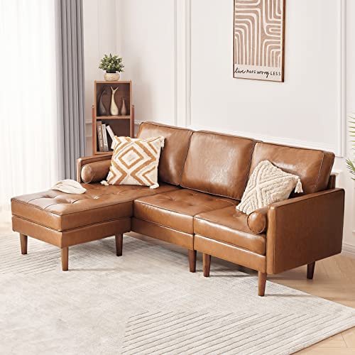 Vonanda Sofa Couch, Convertible Sectional Sofa Faux Leather Couch With Reversible Chaise And Bolster Pillows, L Shaped Couch For Living Room And Small Space, Caramel #TOP2