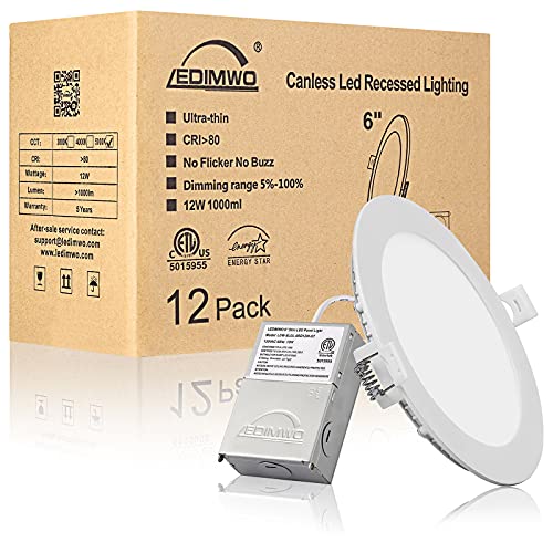 LEDIMWO 6 inch 5000K 12W 1100lm No-Flicker No-Buzz Dimmable Recessed Lighting, 6'' Led recessed Light, Led Ceiling Light, Led Can Lights, with Junction Box, 12 Pack ETL & Energy Star
