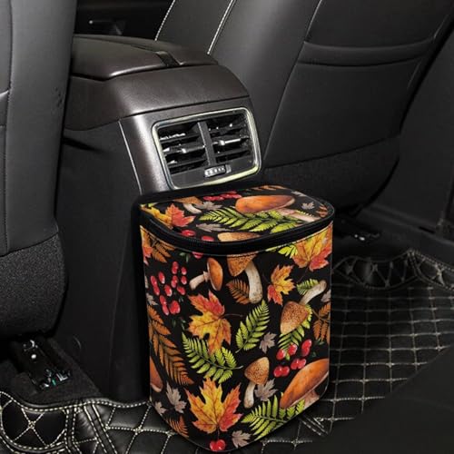 Image of Talayituse Mushroom Berry Maple Leaves Print Car Trash Can with Adjustable Straps, Car Trash Bag Bin Car Garbage Bag Multipurpose Storage Box Thanksgiving Decor for Vehicle Travel Camping Picnicing
