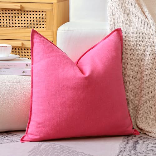 Housse de coussin déco rose vif en lin rustique canapé lit 45 cm