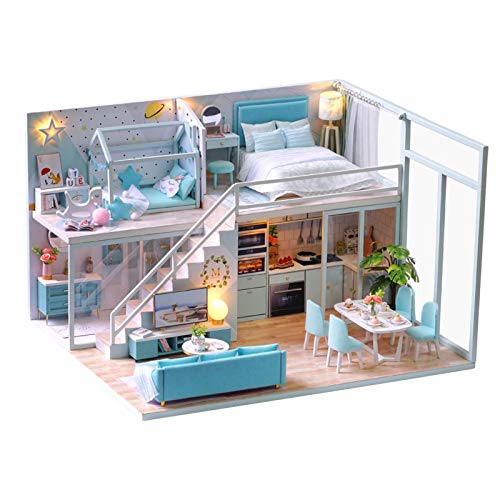 DIY Dollhouse Kit, Wooden Dollhouse with LED Lights Furniture Dollhouse Handmade Craft Loft Apartment Miniature Creative Room Mini Doll House Gifts for Daughter Girls Friends(#1)