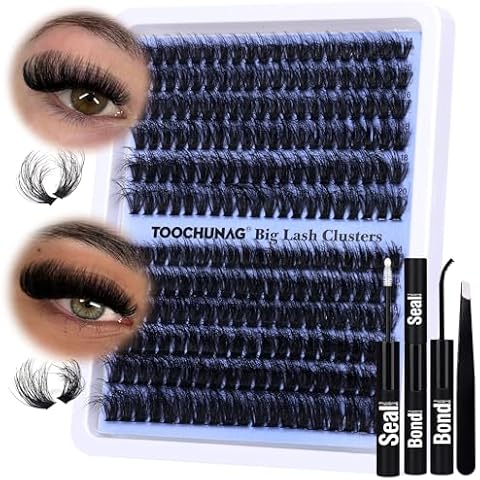 TOOCHUNAG Eyelash Extension Kit Fluffy Volume Lash Clusters Kit 14-20mm DIY Lash Extension Kit with D Curl Thick Individual Cluster Lashes, Lash Bond and Seal, False Eyelashes Tweezers Cover