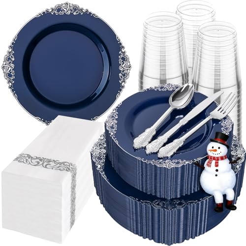 Hioasis 350pcs Blue and Silver Plastic Plates - Elegant Disposable Dinnerware Set Suitable for 50 Guests Include 10.25 Hioasis 350pcs Blue and Silver Plastic Plates - Elegant Disposable Dinnerware Set Suitable for 50 Guests Include 10.25