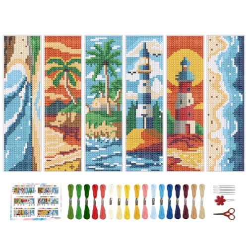 Marque-page au point de croix d'été BEUNITONE, lot de 6 kits de broderie pour débutants