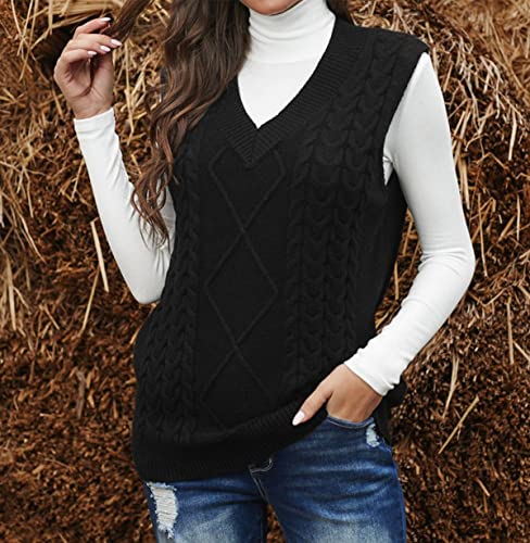 Image of Women's Sweater Vest,Long Cable Loose Knitted Sleeveless V Neck Casual Sweaters Tank Top S~XL