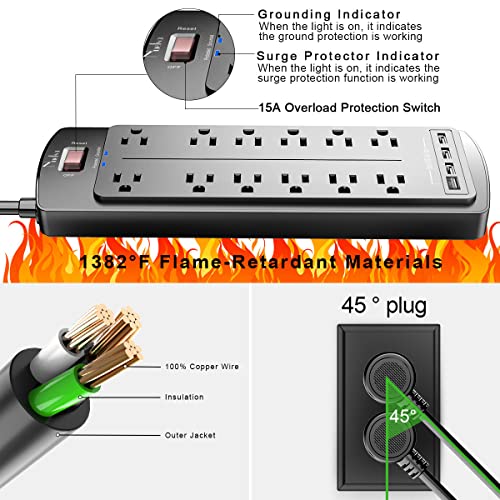 Surge Protector Power Bar, Nuetsa 12 Outlets Power Strip and 4 USB Ports(3U1C), 6Ft Flat Plug Extension Cord (1875W/15A) Dorm Essentials, 2700 Joules, ETL Listed,Black image 7